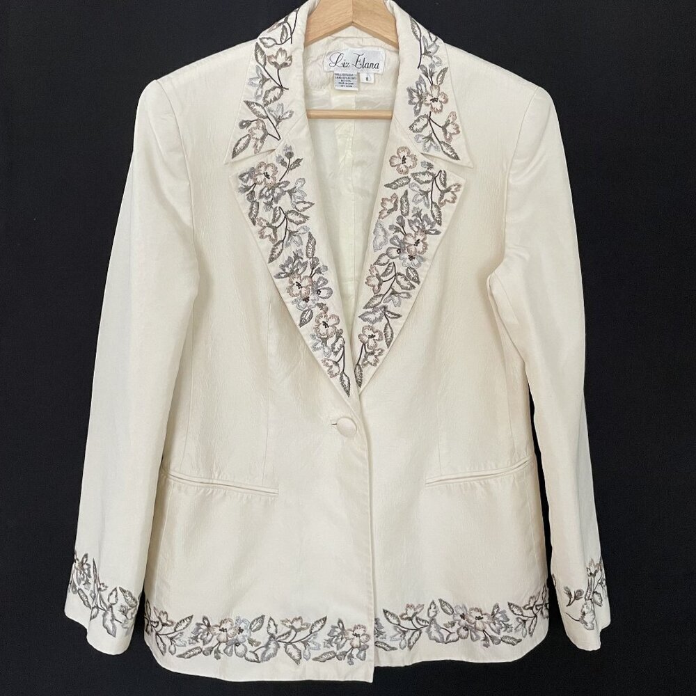 Liz Elana Womens Floral Embroidered Silk Blazer Jacket Cream Size 8 Vintage‎